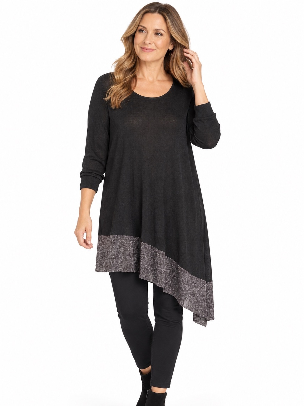 EILEEN FISHER WOMAN Black Tunic Sweater w/Asymmetrical Metallic Gray Hem Size 2X
